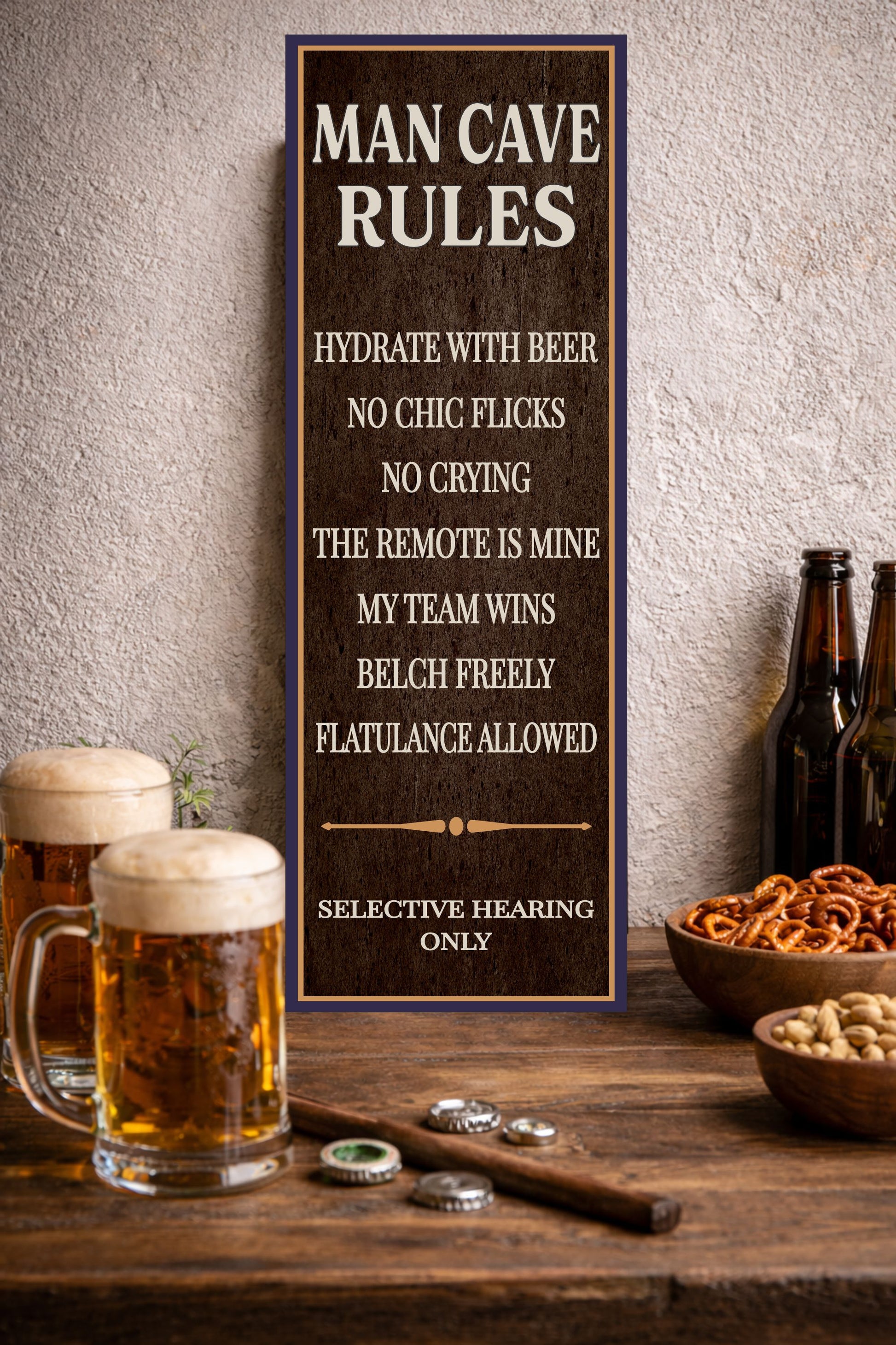 man cave rules sign on bar top with beer mugs and snacks rustic garage decor scene