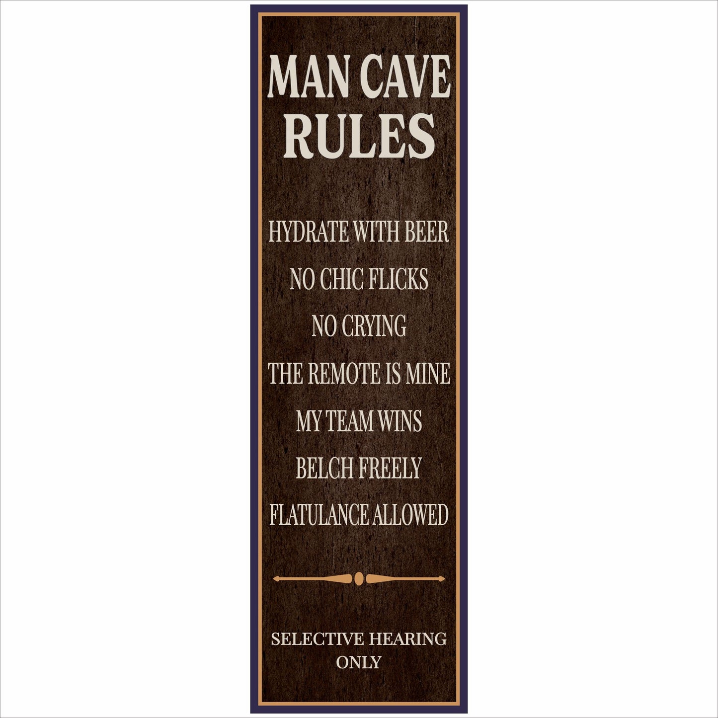 man cave rules sign grunge background funny bar decor vertical narrow sign close up