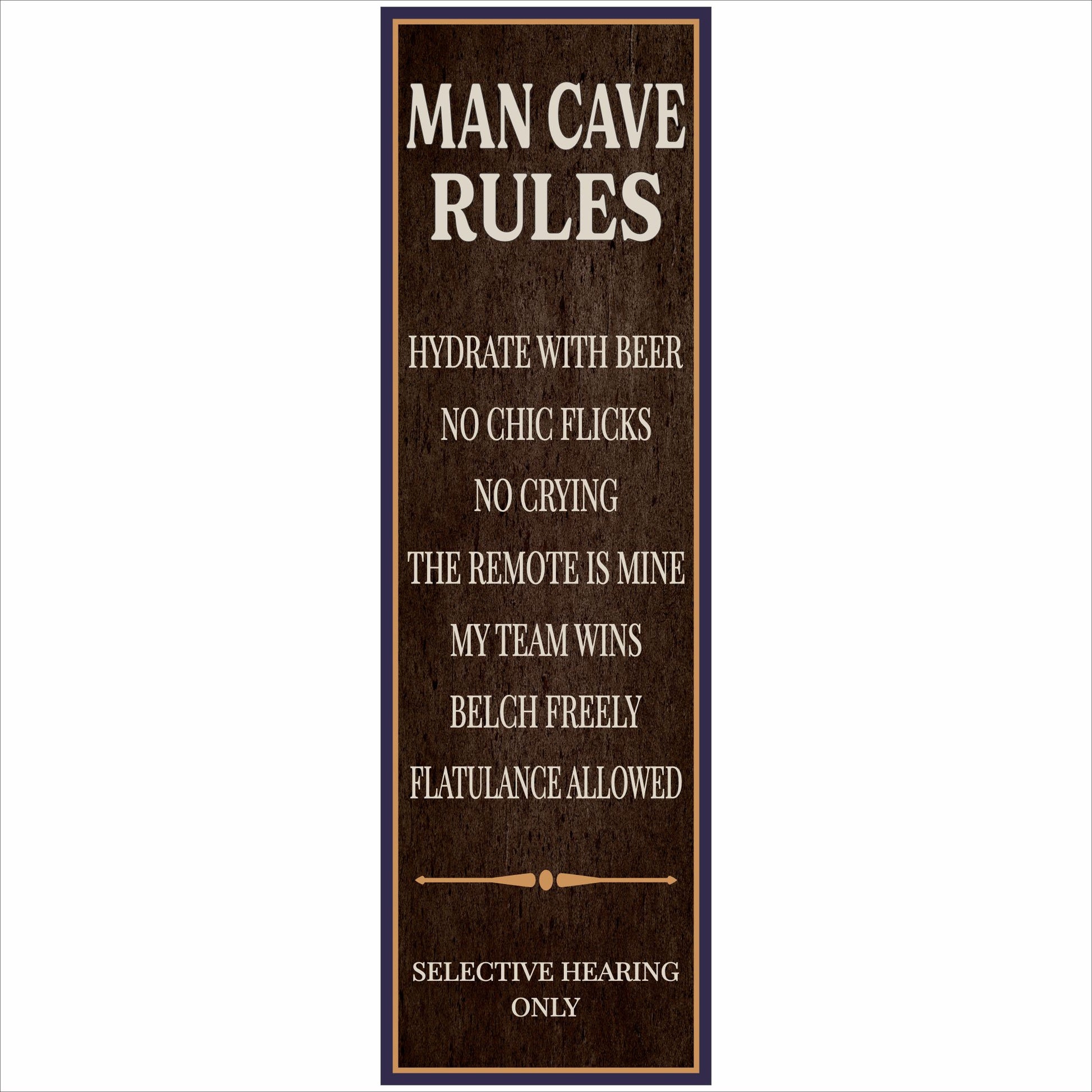 man cave rules sign grunge background funny bar decor vertical narrow sign close up