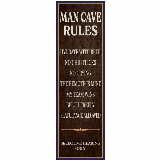 man cave rules sign grunge background funny bar decor vertical narrow sign close up