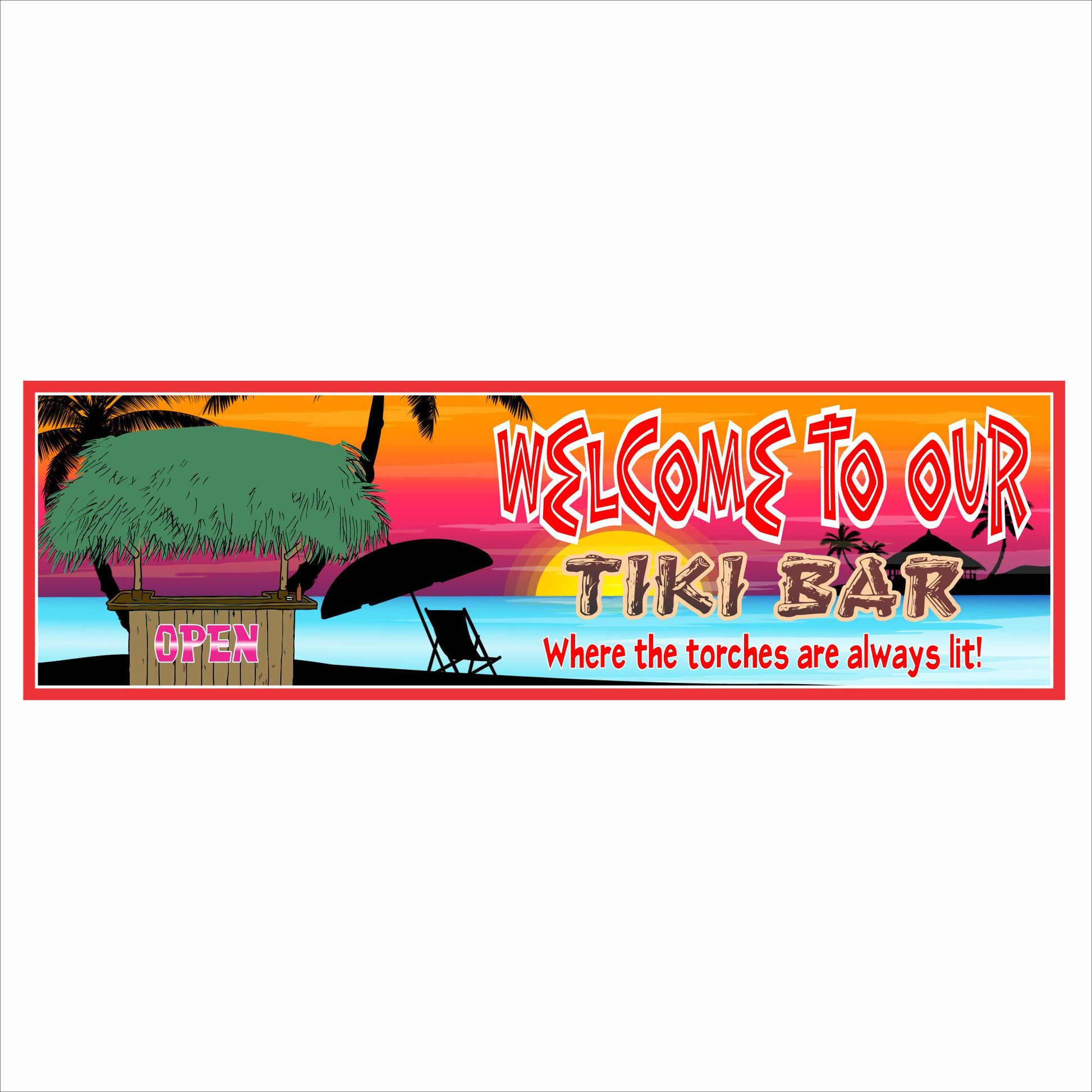 Tiki bar wall sign with tropical sunset, palm trees, and Welcome to Our Tiki Bar text in a long narrow 16x5 format