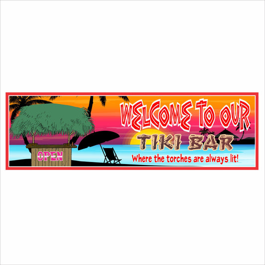 Tiki bar wall sign with tropical sunset, palm trees, and Welcome to Our Tiki Bar text in a long narrow 16x5 format