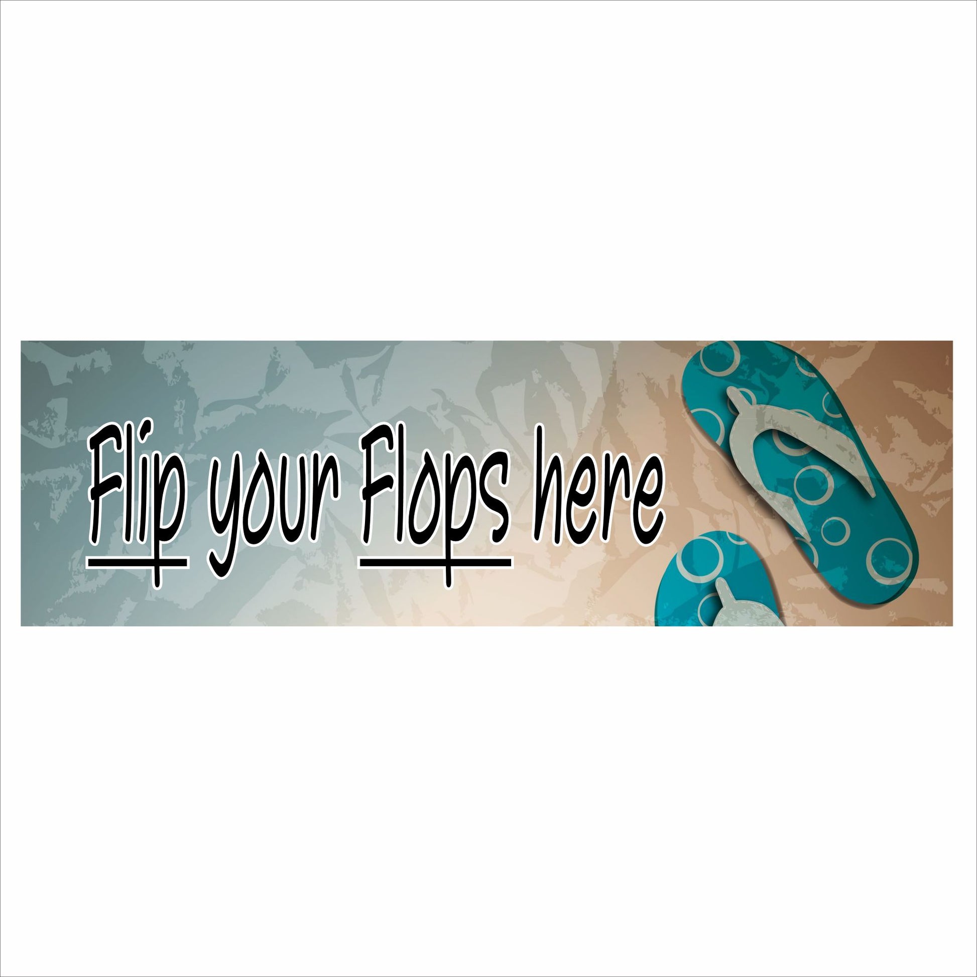 Beach-themed Flip Your Flops Here sign with flip-flop illustration and coastal background