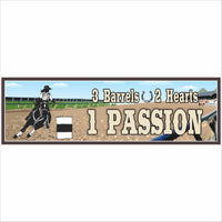 3 barrels 2 hearts 1 passion barrel racing sign with arena illustration