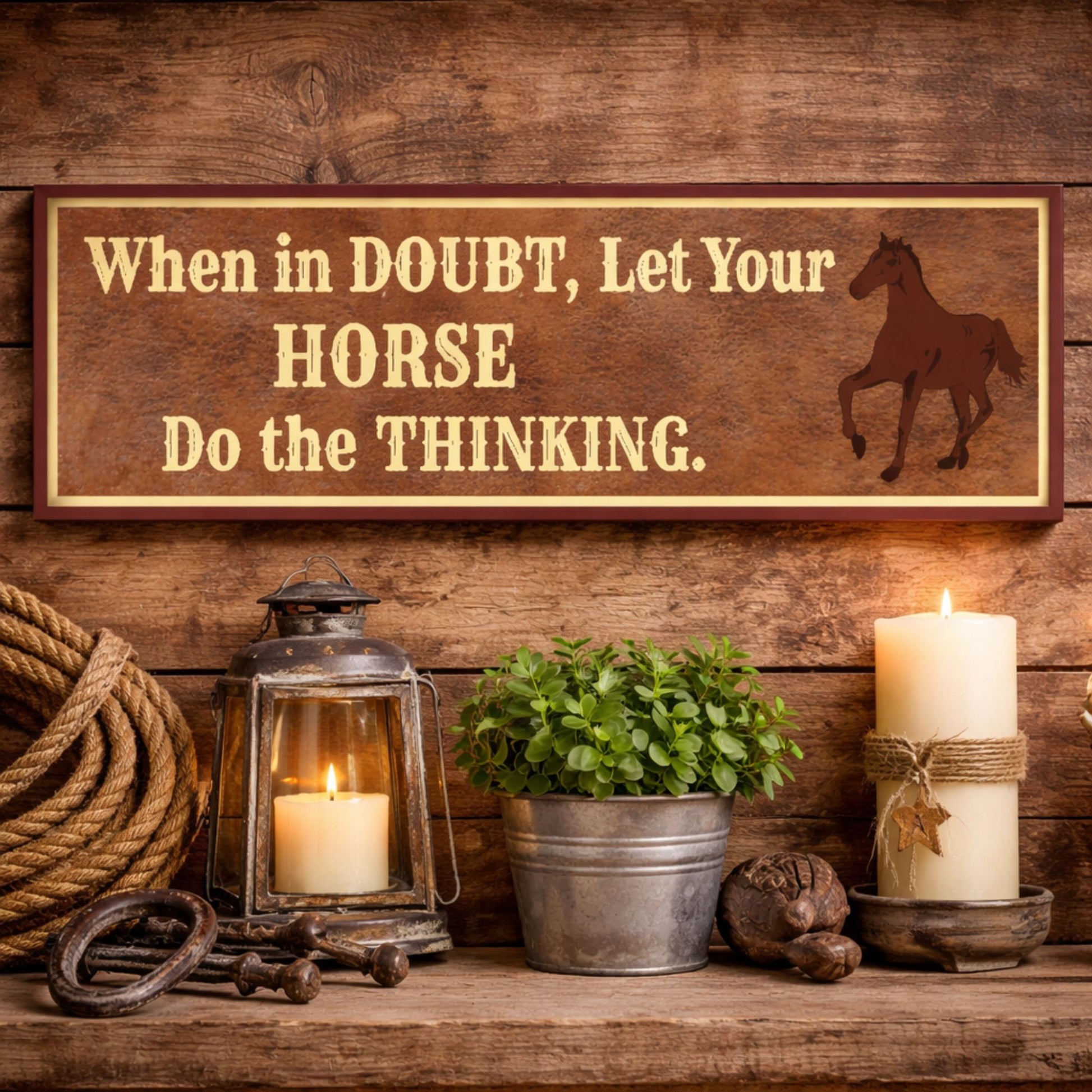 16x5 horse quote sign styled on wooden shelf with lantern rope plant and candles