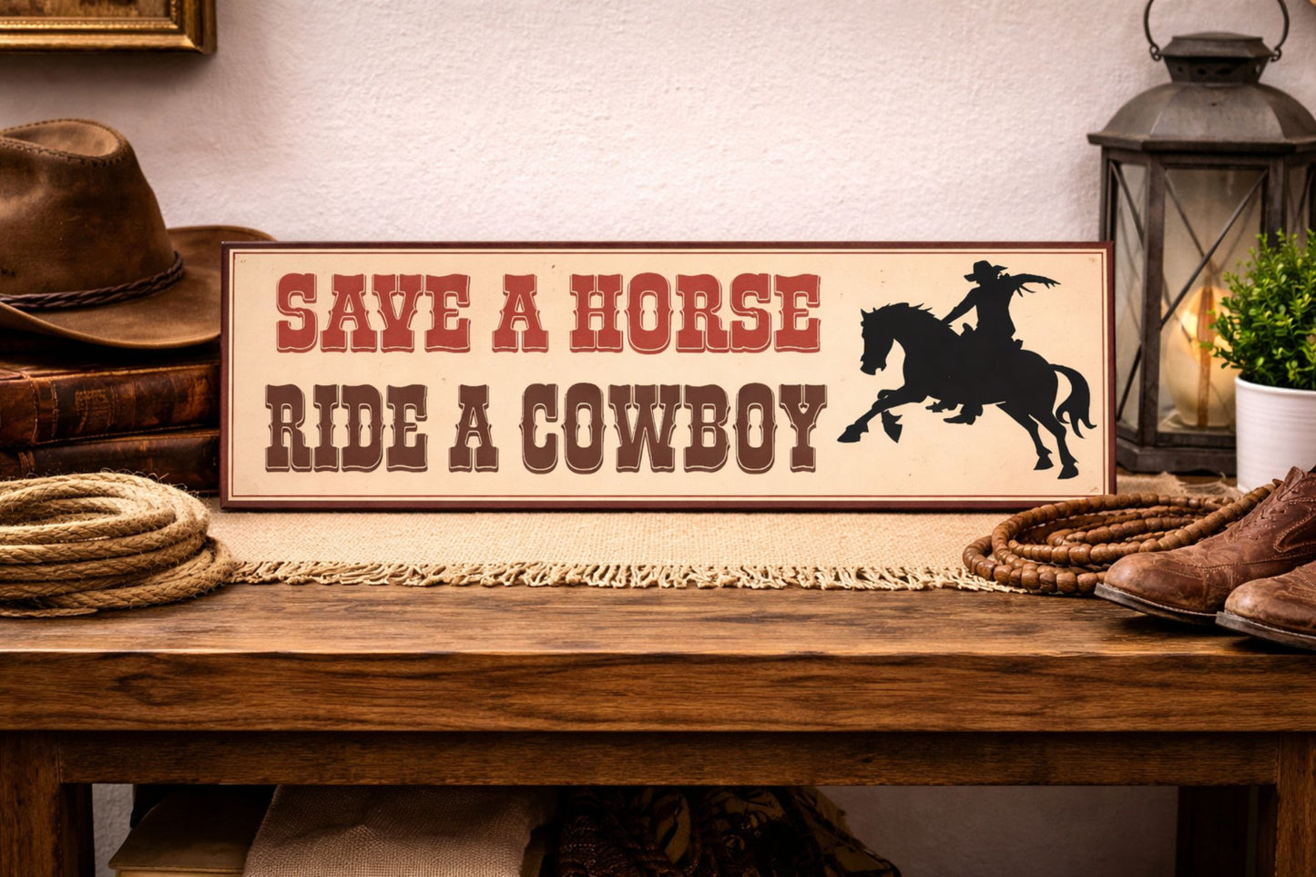 save a horse ride a cowboy western sign displayed on rustic wooden table with cowboy hat rope boots and lantern decor