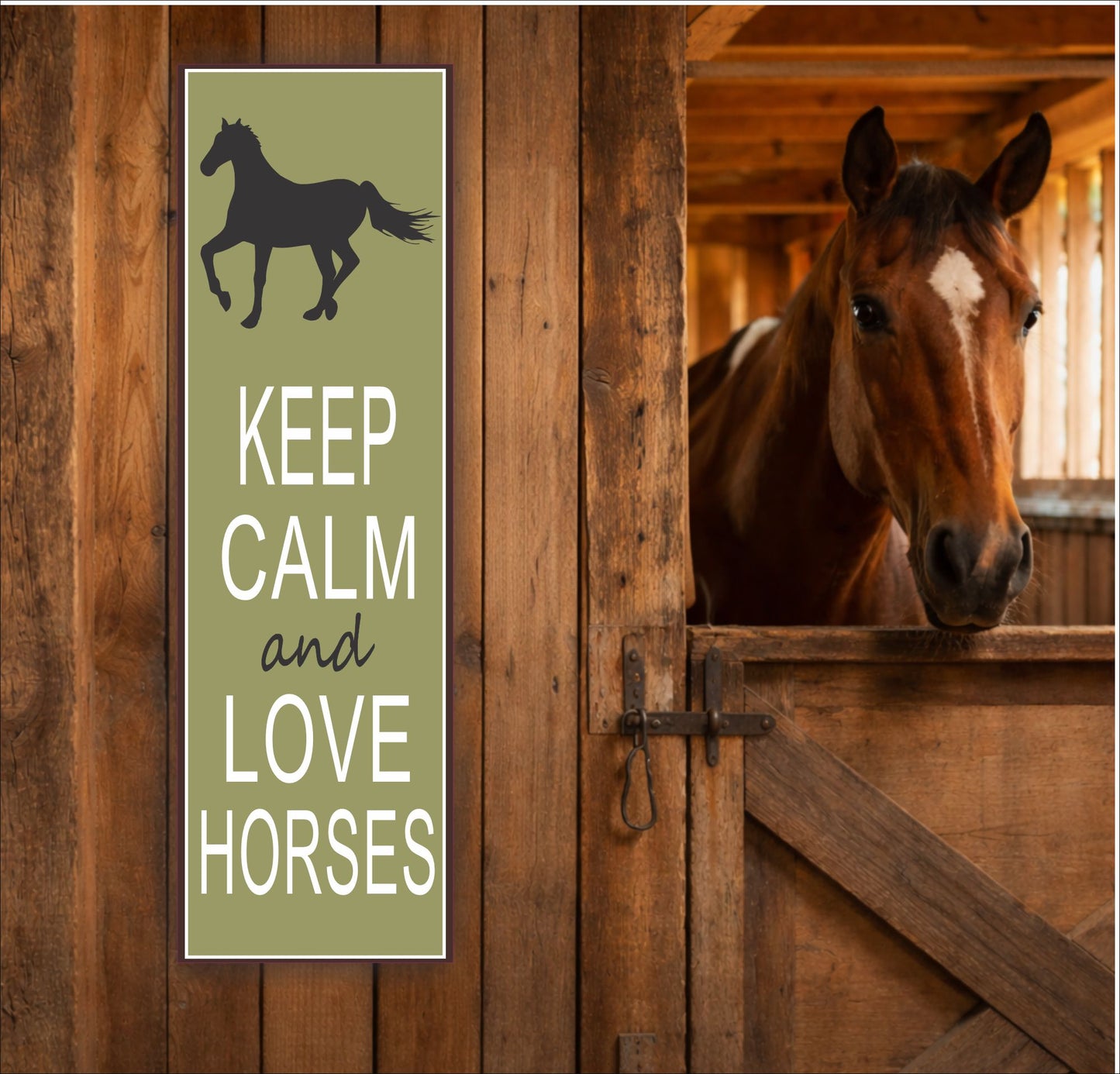 Keep Calm and Love Horses sign mounted on wooden barn door beside a horse