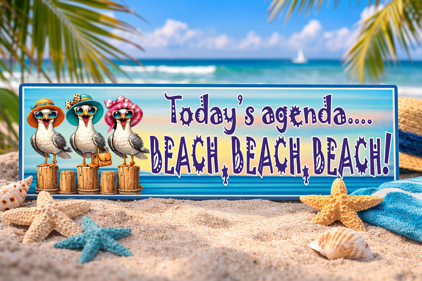 funny beach sign todays agenda beach beach beach displayed in sand with ocean background