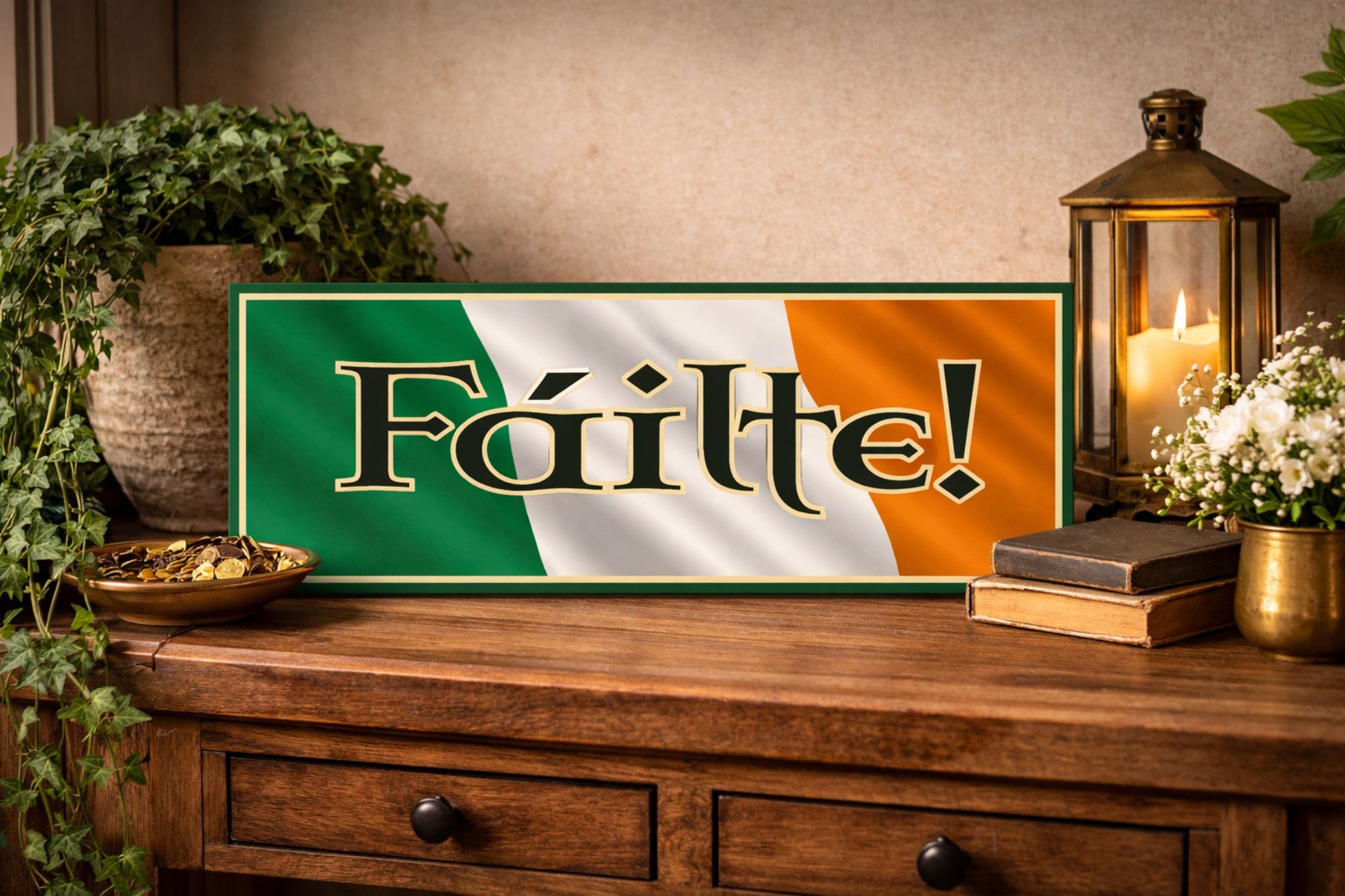 rustic irish fáilte sign displayed on wooden entryway table with lantern plants and decor welcoming home sign