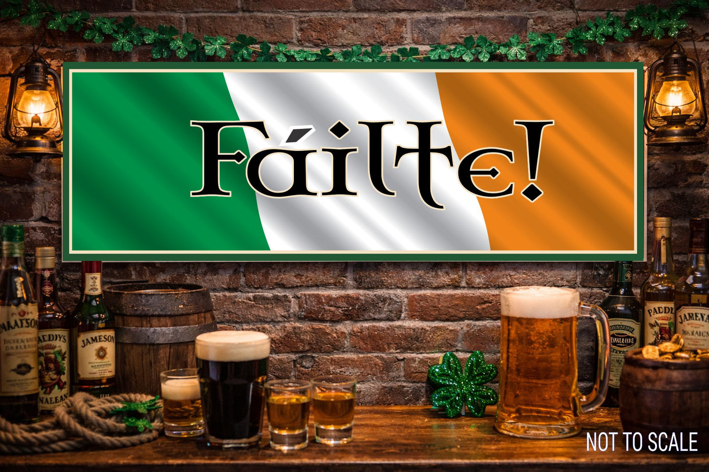 Irish welcome sign displayed above a home bar with brick wall and 