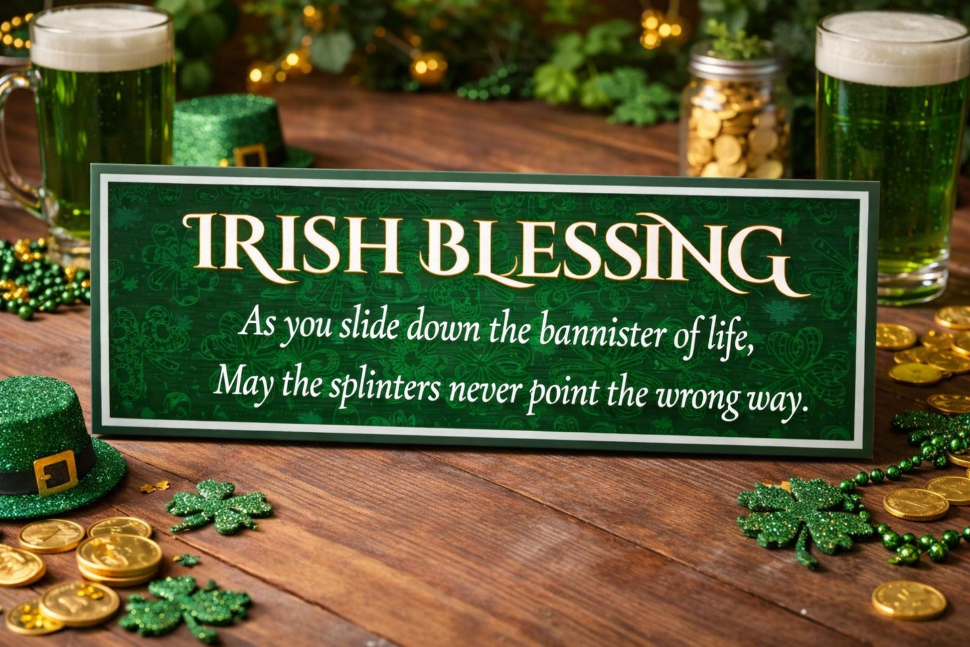 Irish blessing sign lifestyle display on table with St. Patrick’s decor