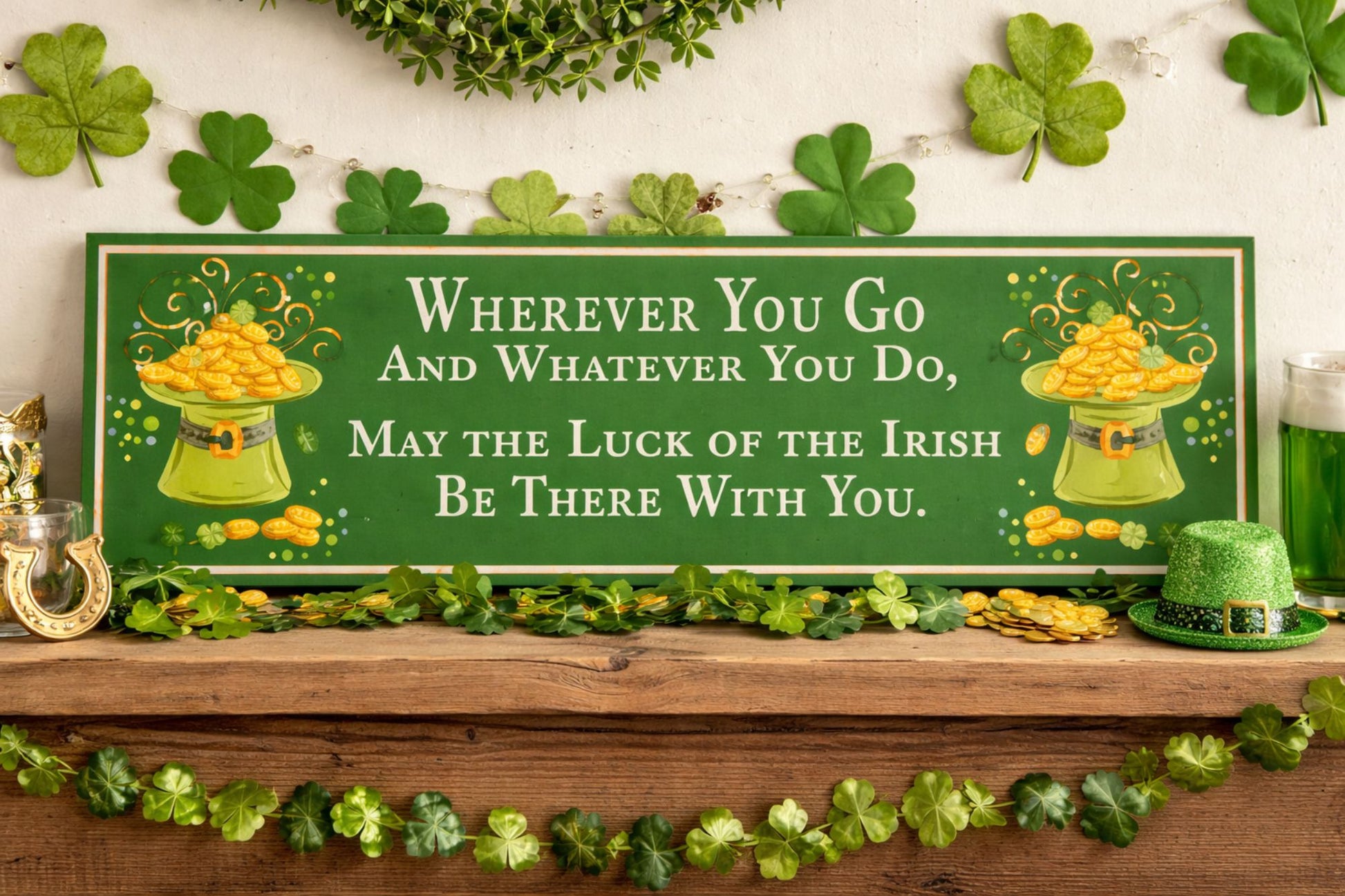 irish blessing sign displayed on shelf with st patricks day decor