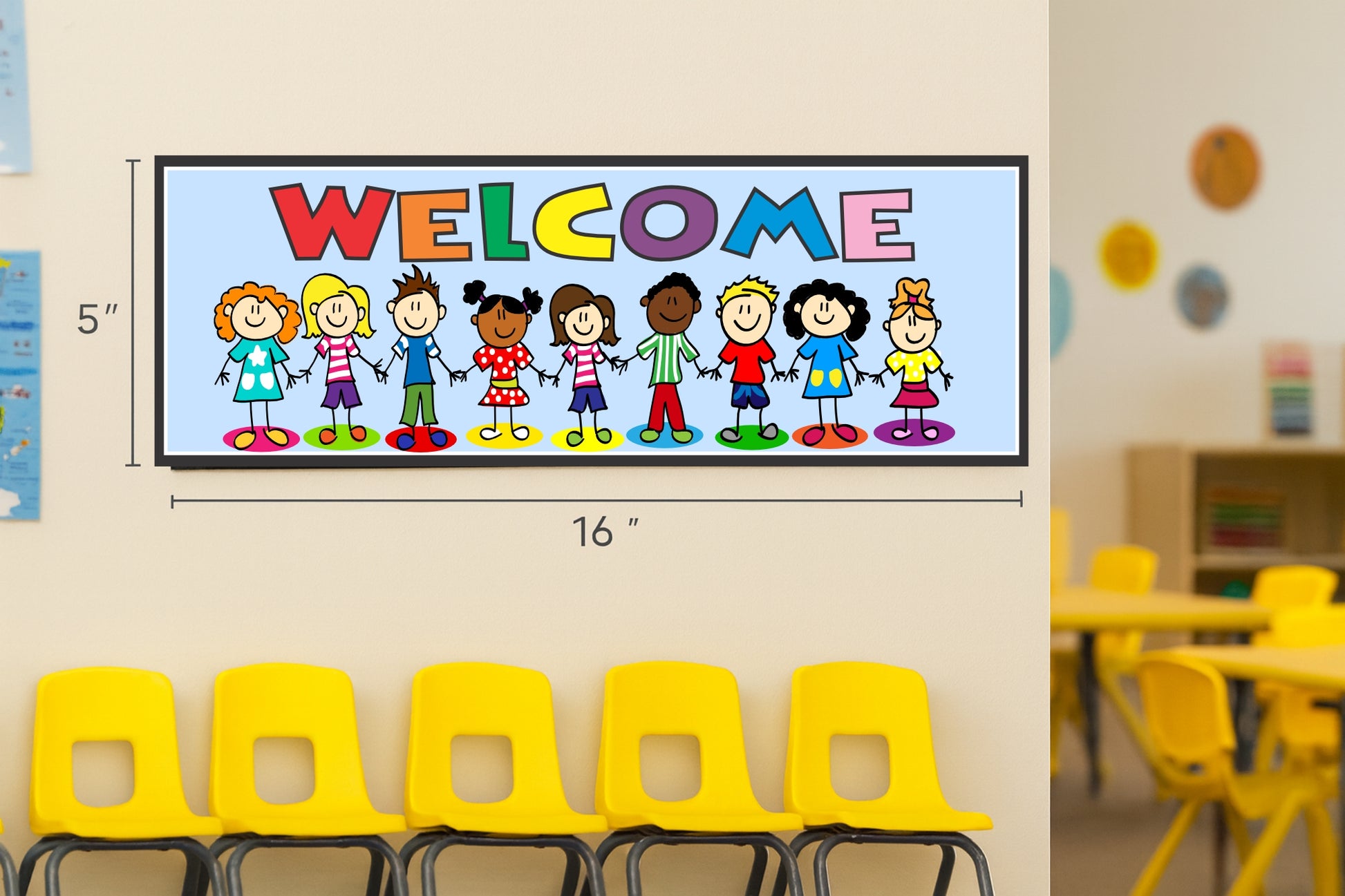 Welcome sign displayed on a classroom wall above student seating