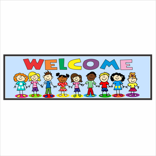 Welcome sign with colorful cartoon children illustration on a horizontal classroom wall sign