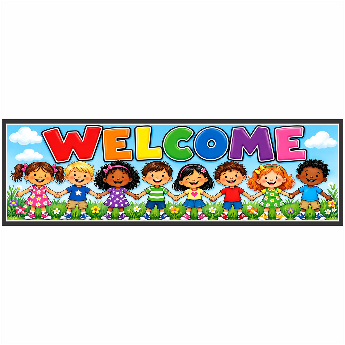 Colorful 16x5 daycare welcome sign with cheerful children, flowers and bright rainbow lettering.