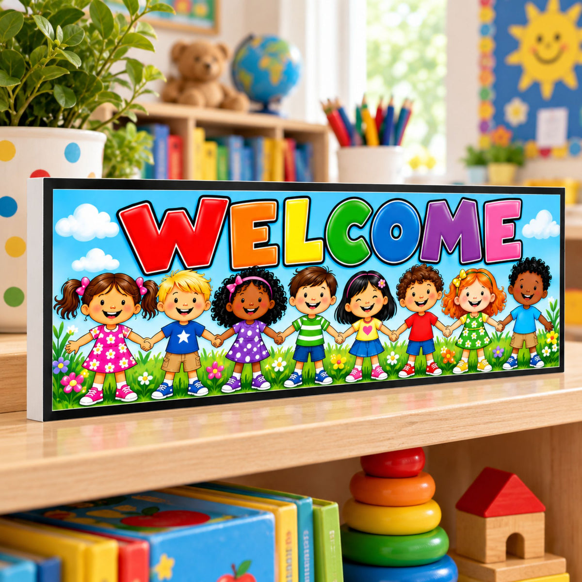 Daycare welcome sign displayed on a classroom shelf surrounded by colorful toys, books and learning supplies.