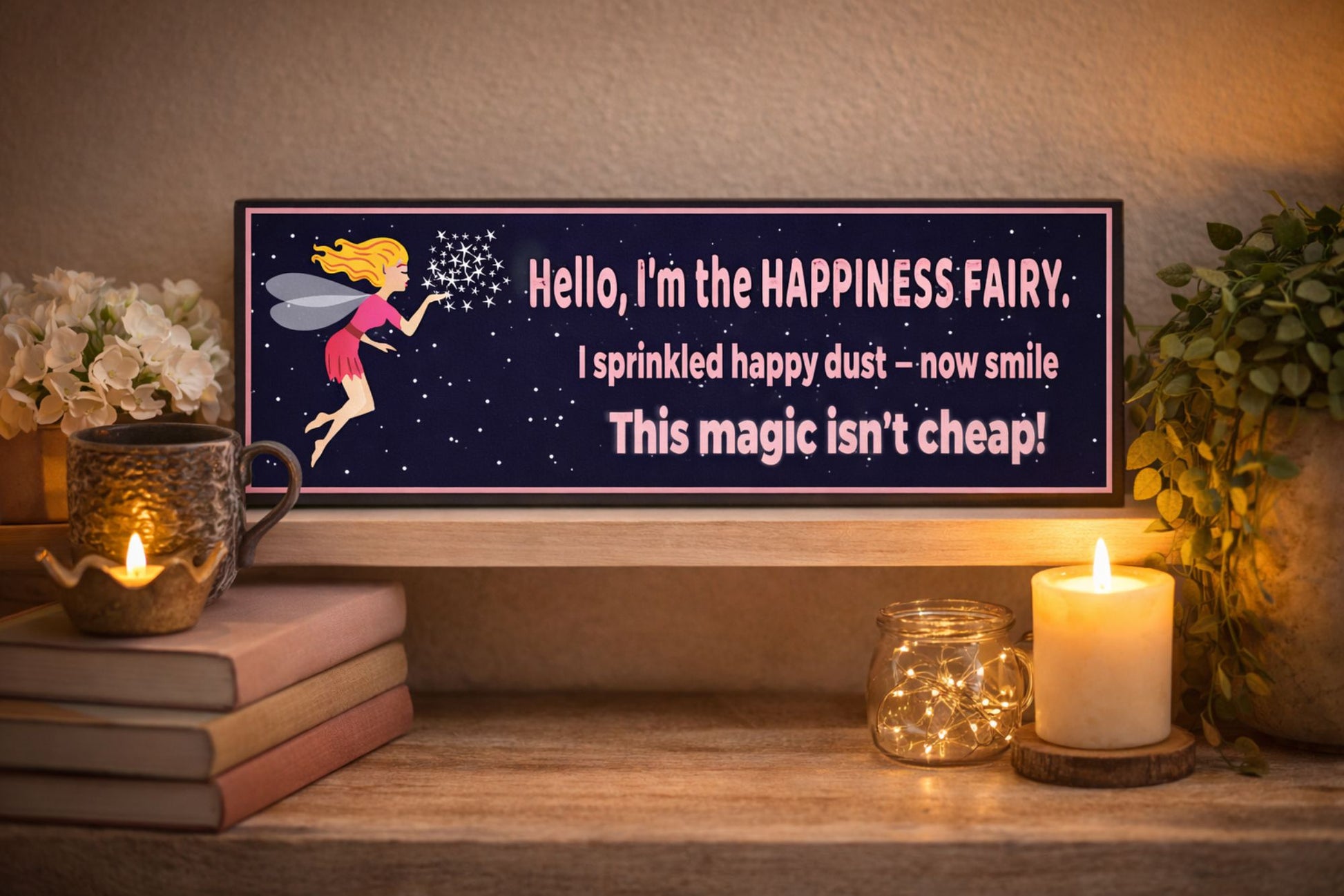 fairy humor wall sign sitting on decorative shelf with candles books and plant whimsical happiness fairy quote sign lifestyle display