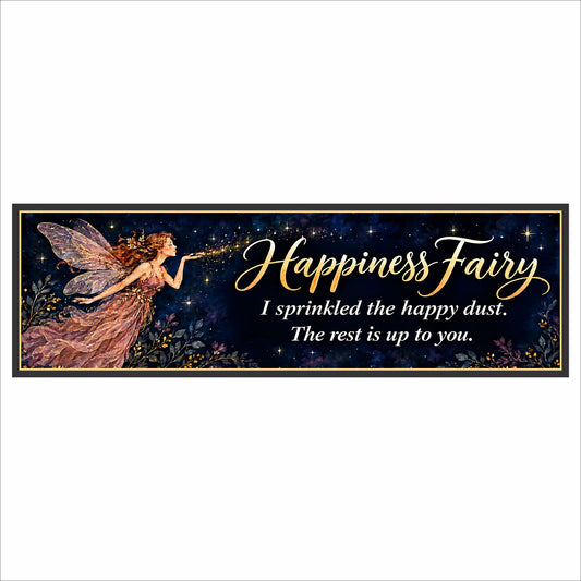 Happiness Fairy sign featuring a fairy in a flowing mauve dress blowing golden fairy dust against a navy starry background, with gold script and ivory lettering