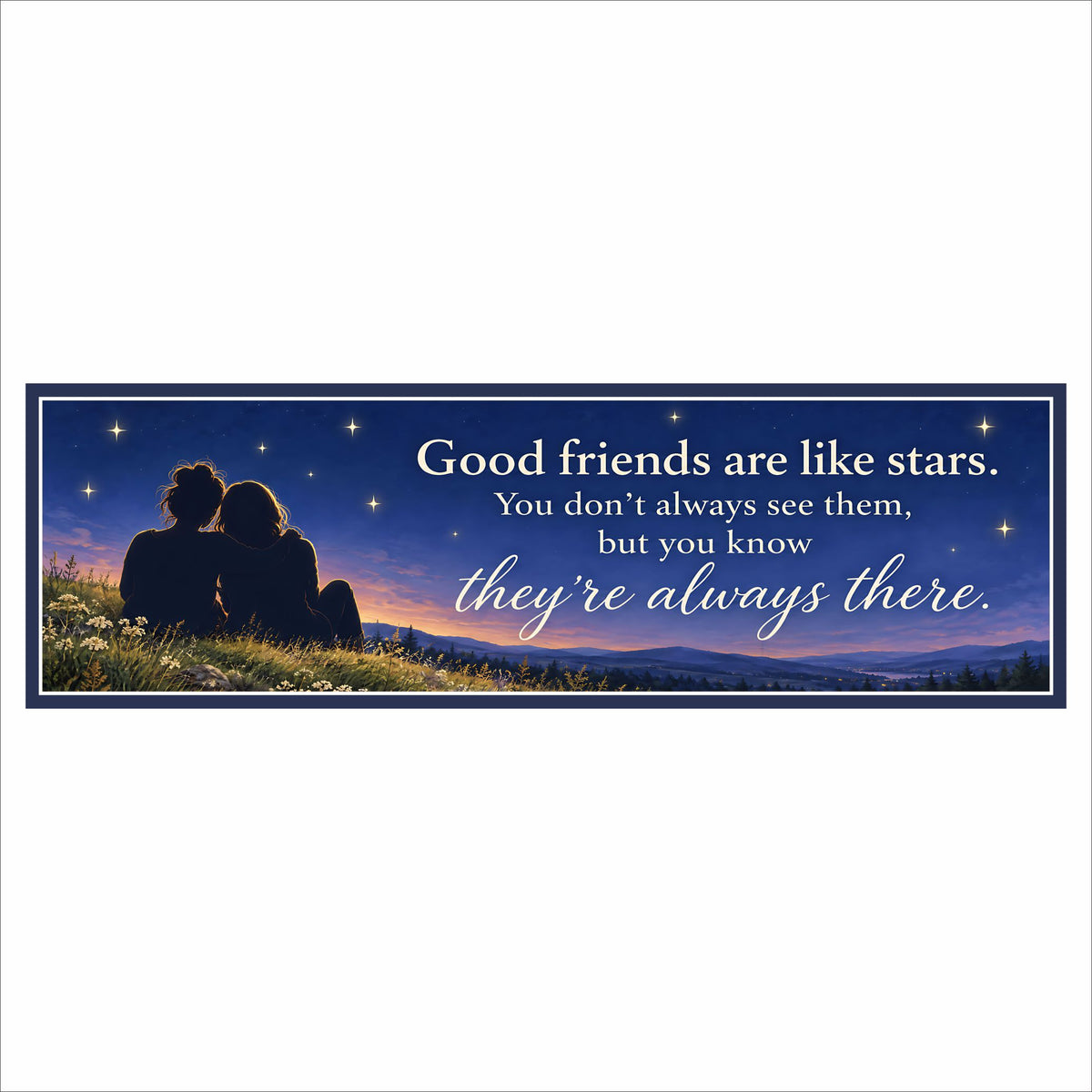 Friendship quote sign reading “Good friends are like stars. You don’t always see them, but you know they’re always there,” with two silhouettes beneath a twilight sky.