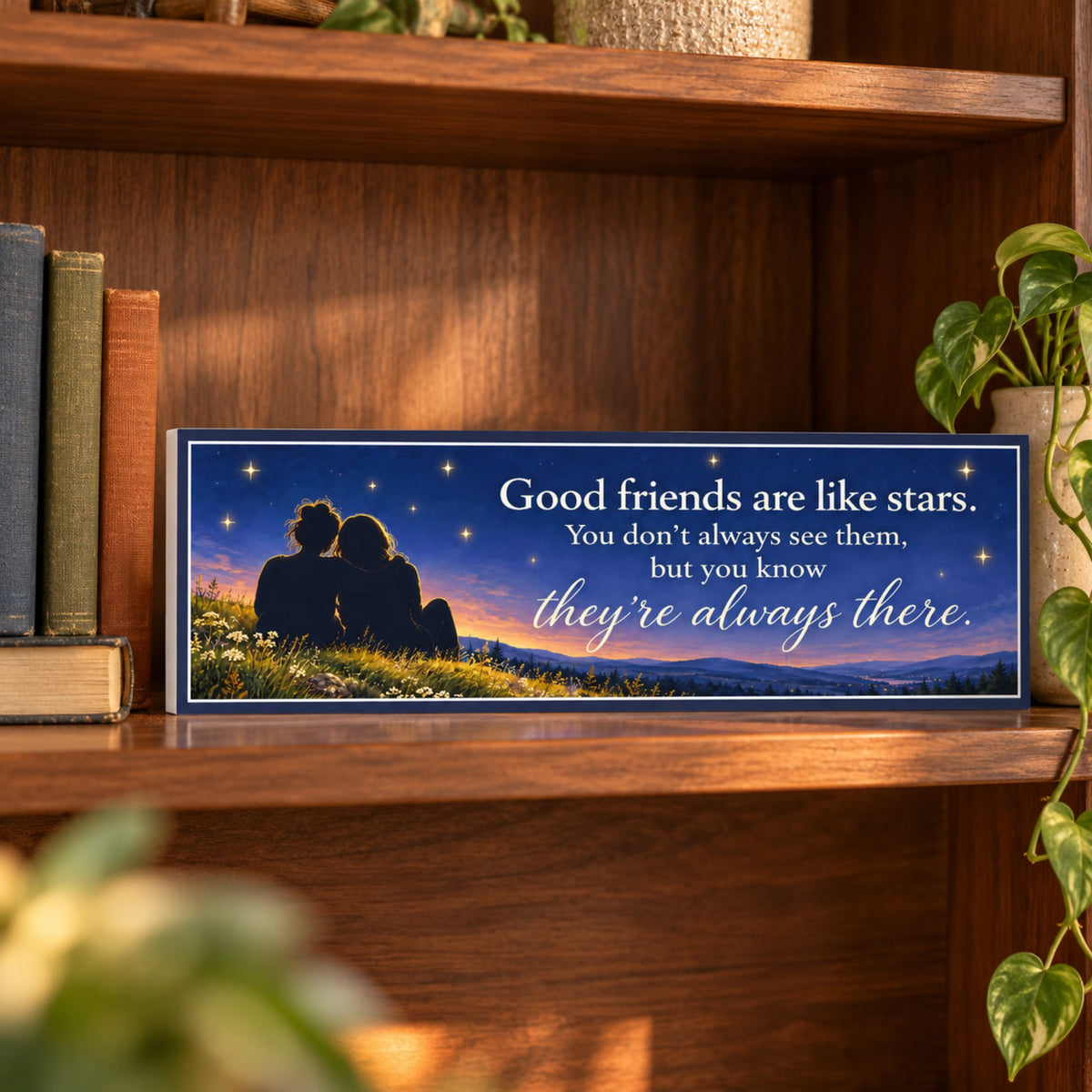 Friendship sign displayed on a warm wooden bookcase shelf beside books and a trailing plant, with a subtle white PVC edge visible.