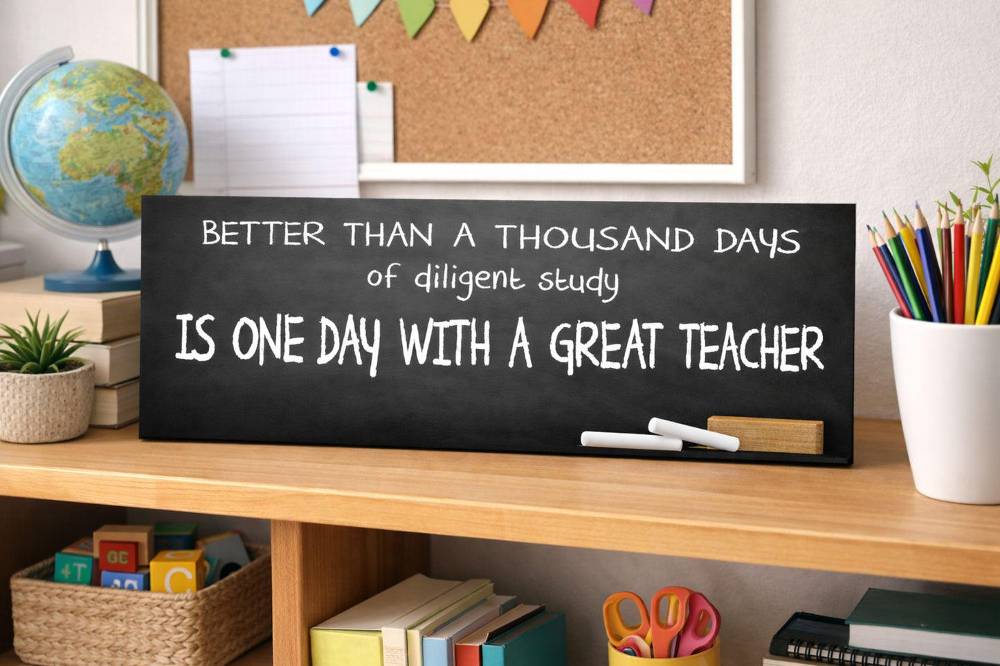 classroom teacher quote decor sign displayed on shelf chalkboard style classroom decor