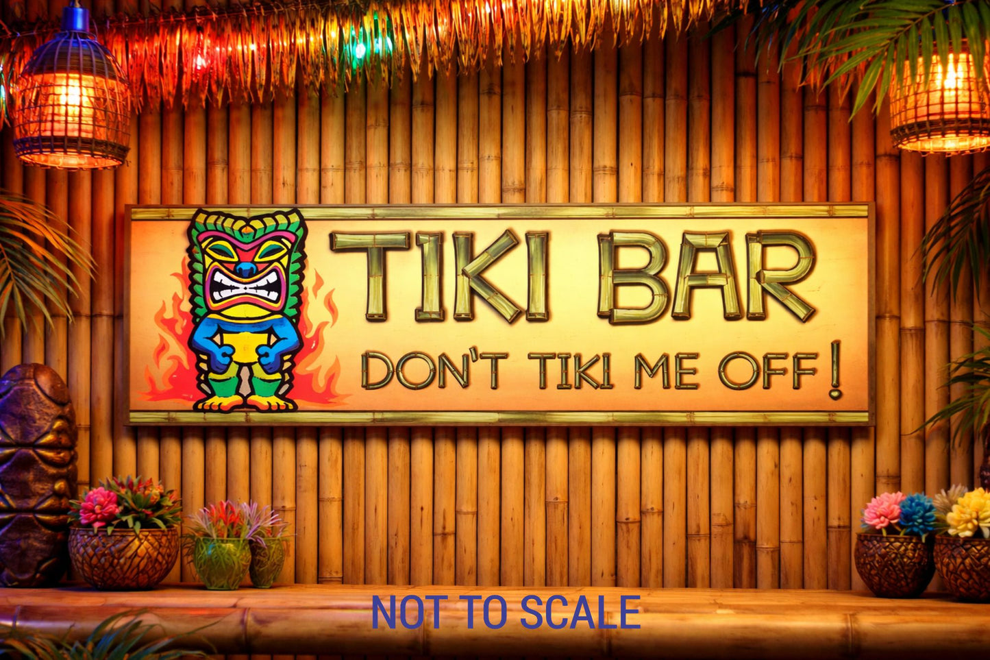 Tiki bar sign displayed against a bamboo wall in a tropical home bar setting with warm lighting and island décor