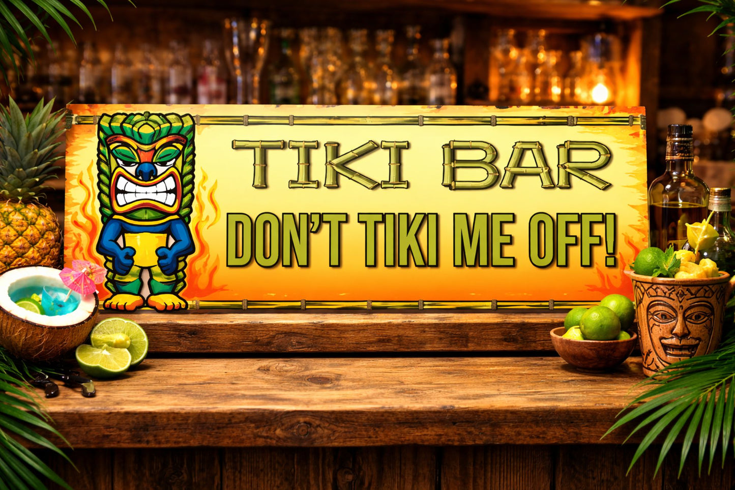 tiki bar sign displayed on wooden bartop with tropical drinks and decor realistic 16x5 scale