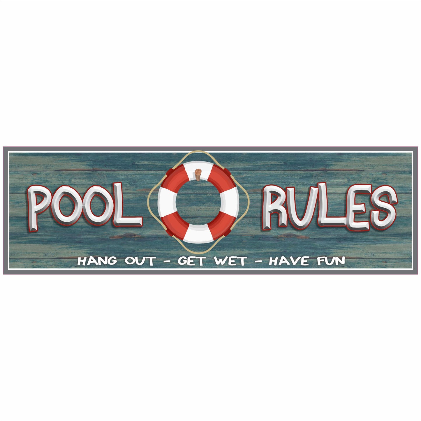 pool rules sign close up showing red white lifesaver graphic weathered teal wood background and bold lettering