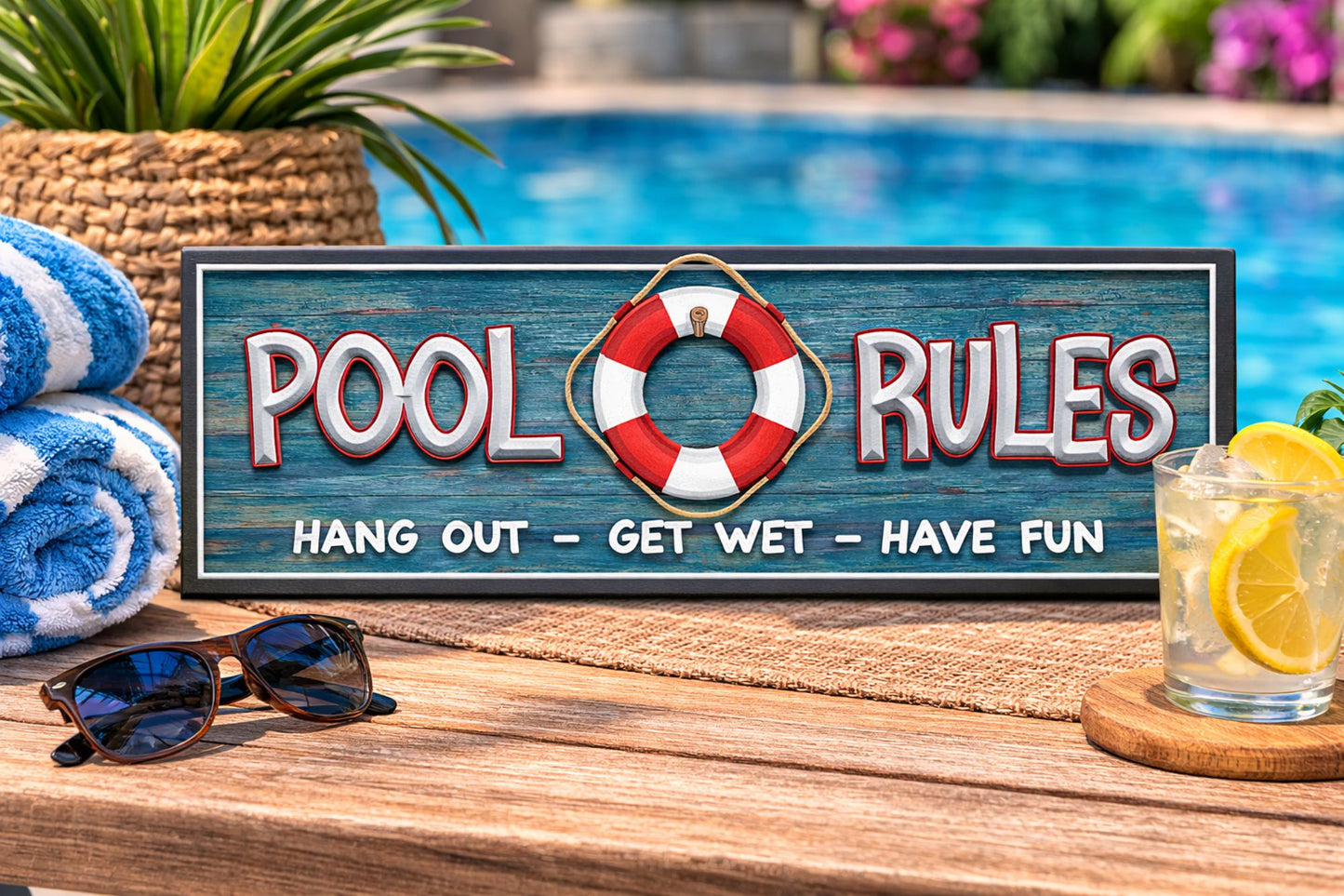 pool rules sign with lifesaver graphic displayed on poolside table with towels sunglasses and lemonade by swimming pool