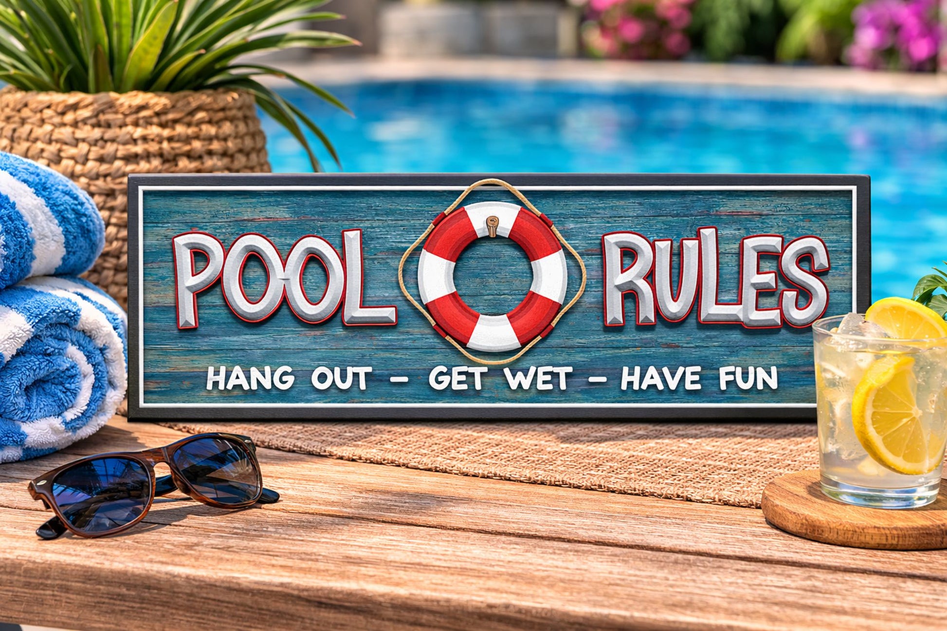 pool rules sign with lifesaver graphic displayed on poolside table with towels sunglasses and lemonade by swimming pool