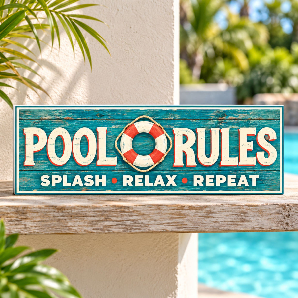 Teal Pool Rules sign displayed on a weathered outdoor shelf beside a turquoise swimming pool, with tropical greenery and a subtle white PVC edge.