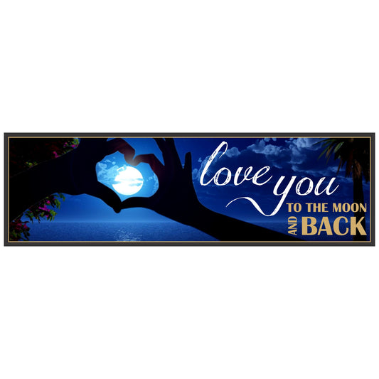 Love You to the Moon and Back sign featuring hands forming a heart around a full moon over a blue tropical ocean, ivory script, and a gold border.