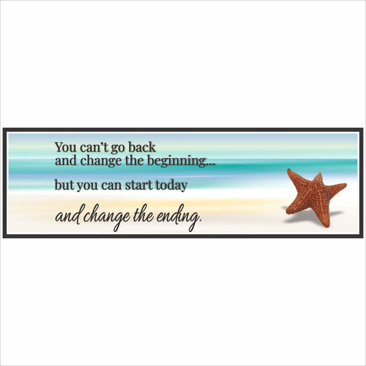 Close-up: coastal inspirational beach sign with ocean gradient background and starfish motivational quote