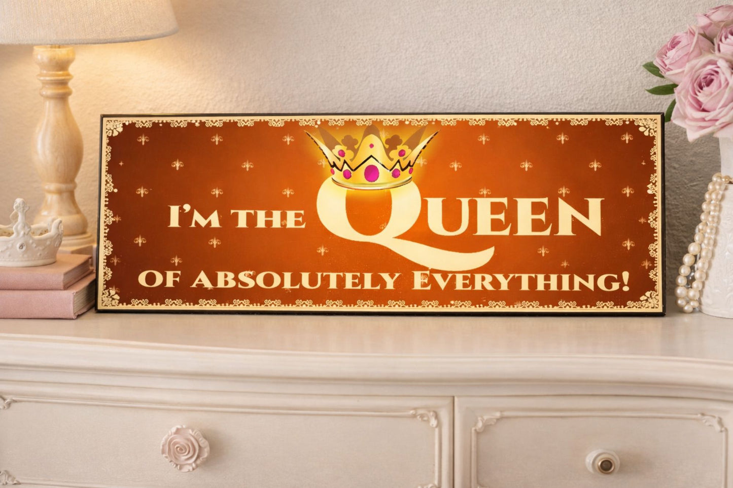 queen decor sign styled on bedroom dresser lifestyle image