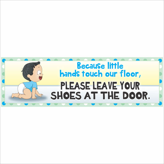 baby shoes off sign with crawling boy illustration and polka dot border on rectangular wall sign