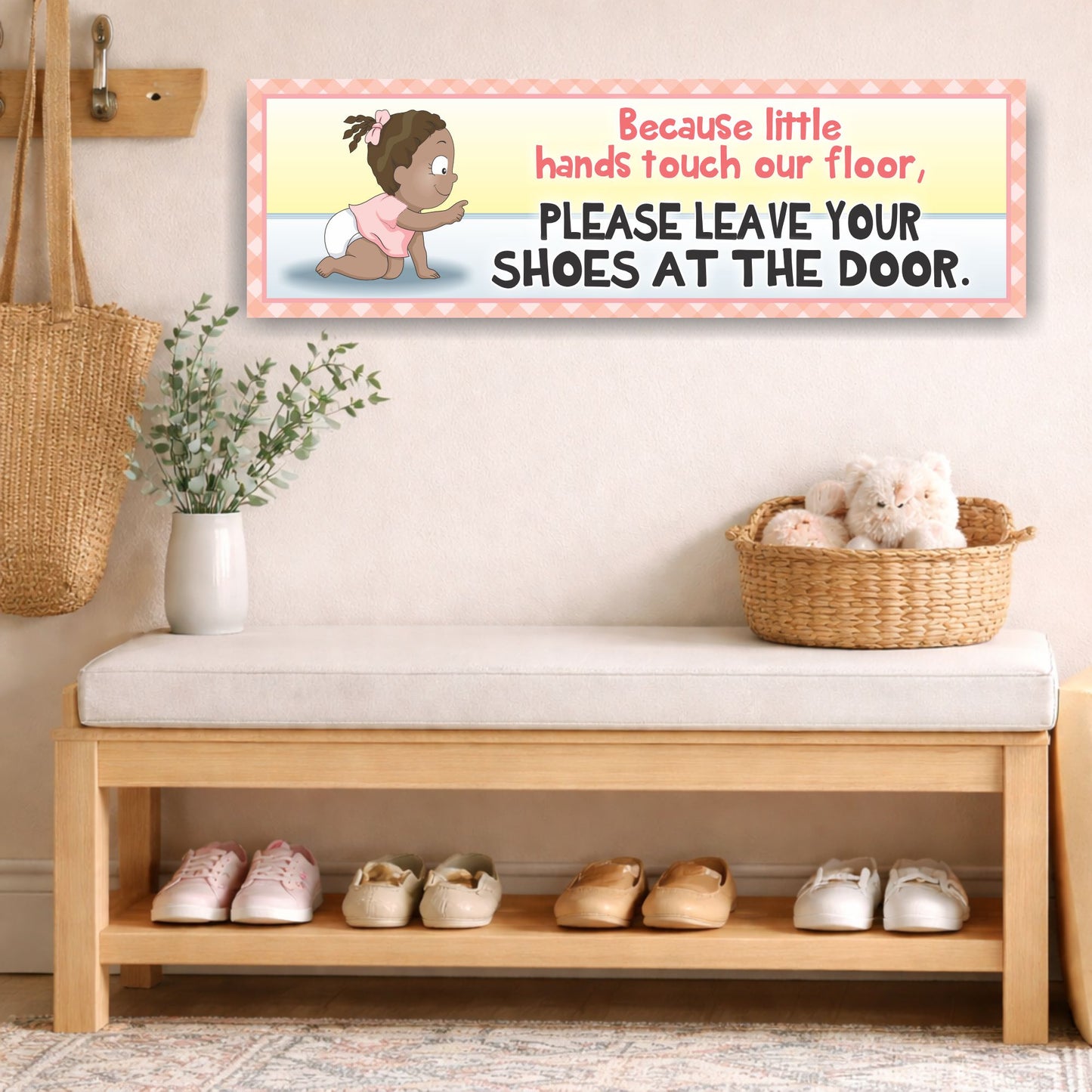 entryway lifestyle with please remove shoes sign above bench