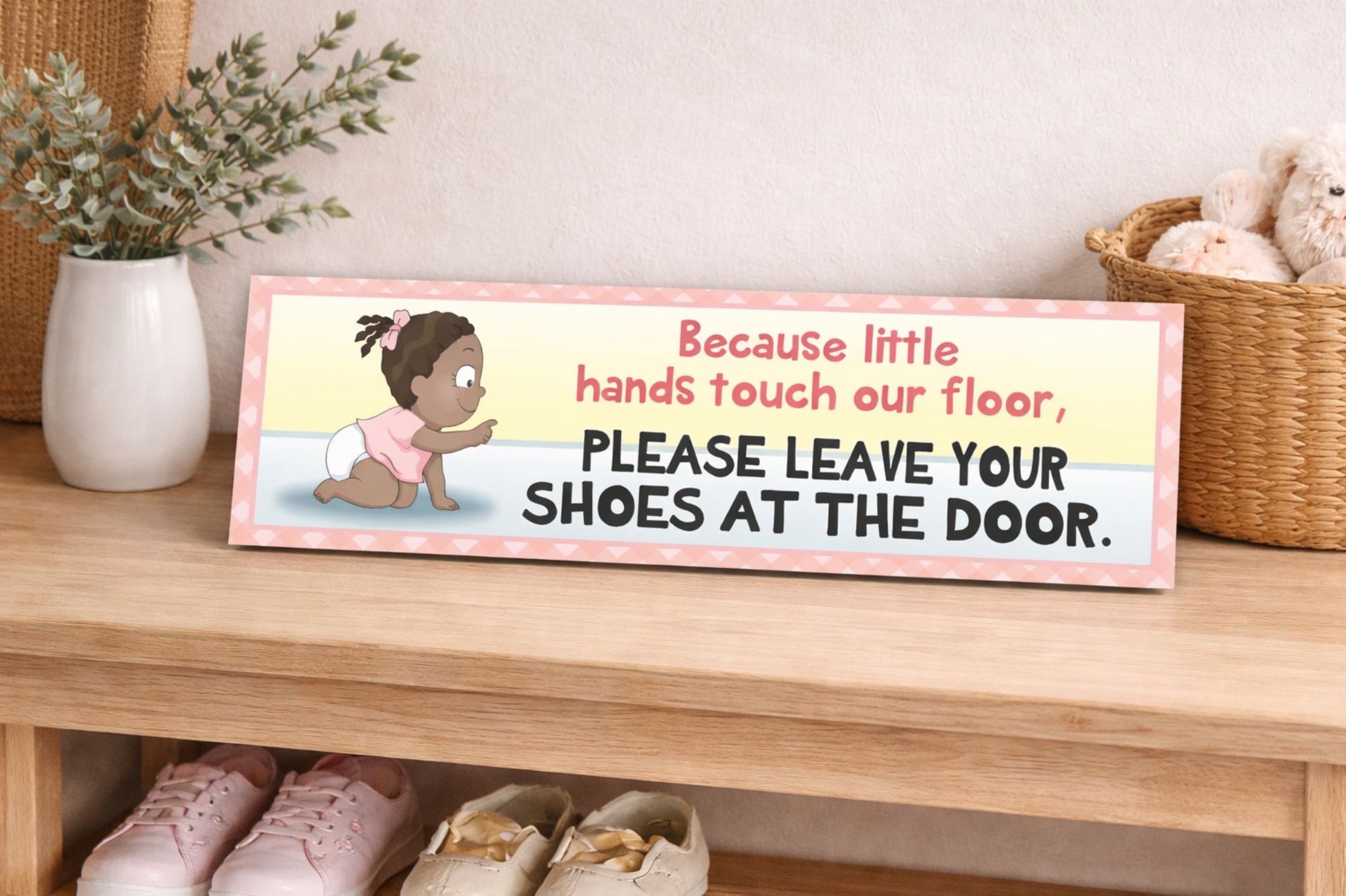 entryway lifestyle with please remove shoes sign displayed on bench