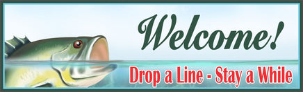 Drop a Line Fishing Welcome Sign with Blue Water, Green Fish, and Dark Green Border - Ideal Décor for Fishing Enthusiasts