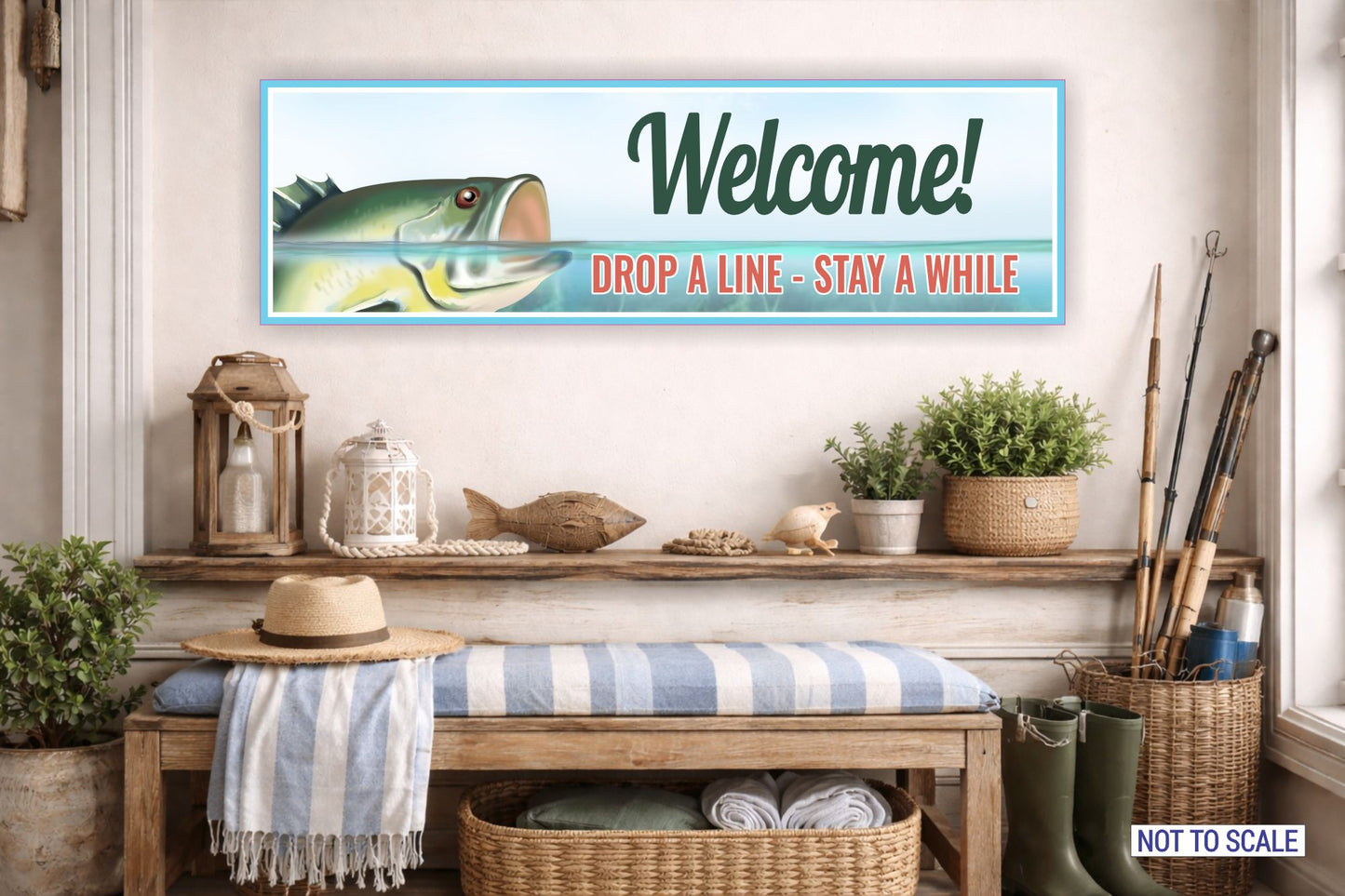 Fishing themed welcome sign styled in coastal entryway decor