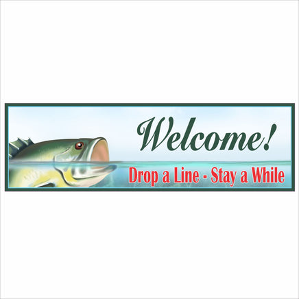 Rectangular Welcome fishing wall sign with largemouth bass underwater and the phrase “Drop a Line – Stay a While,” lake house and cabin fishing décor.