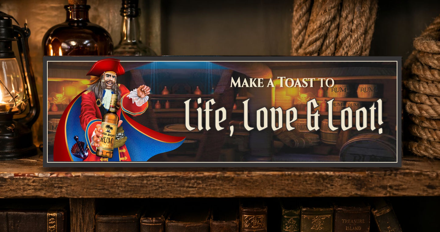 Pirate themed wall decor displayed on shelf with warm tavern style background and nautical accents