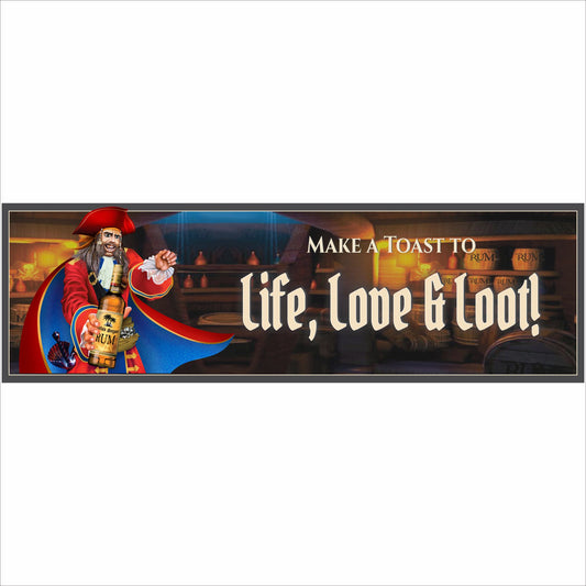 Close-up pirate bar sign featuring Life Love and Loot phrase with detailed pirate holding rum bottle