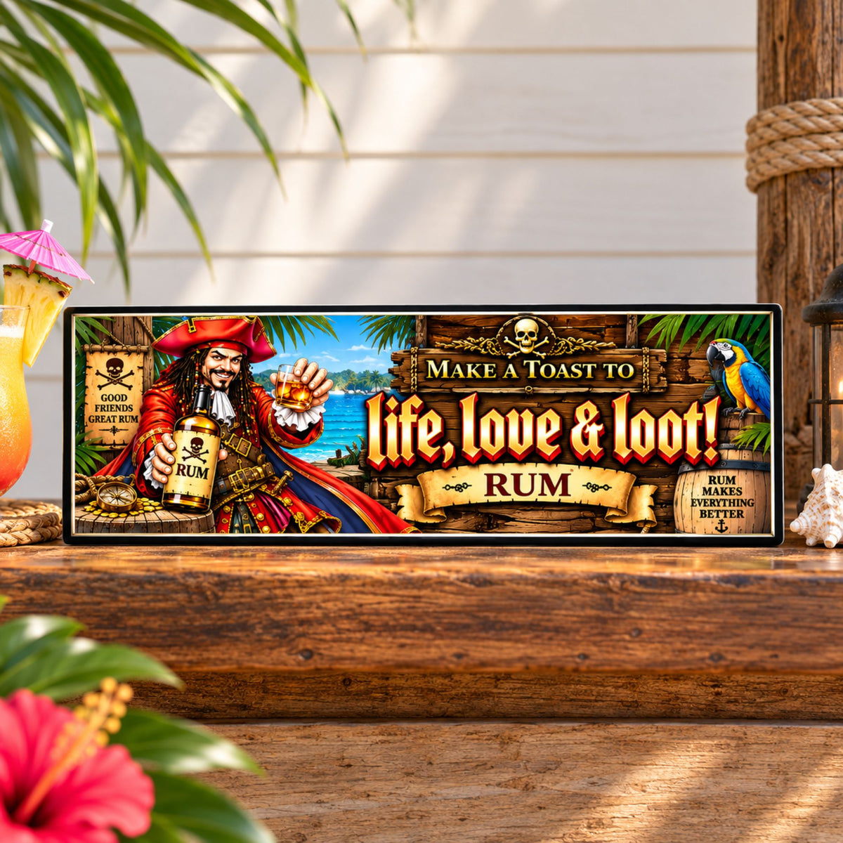 Life, Love & Loot 16x5 pirate rum sign displayed on an outdoor tiki bar top with tropical accents, featuring a pirate, rum bottle, parrot and nautical decor.