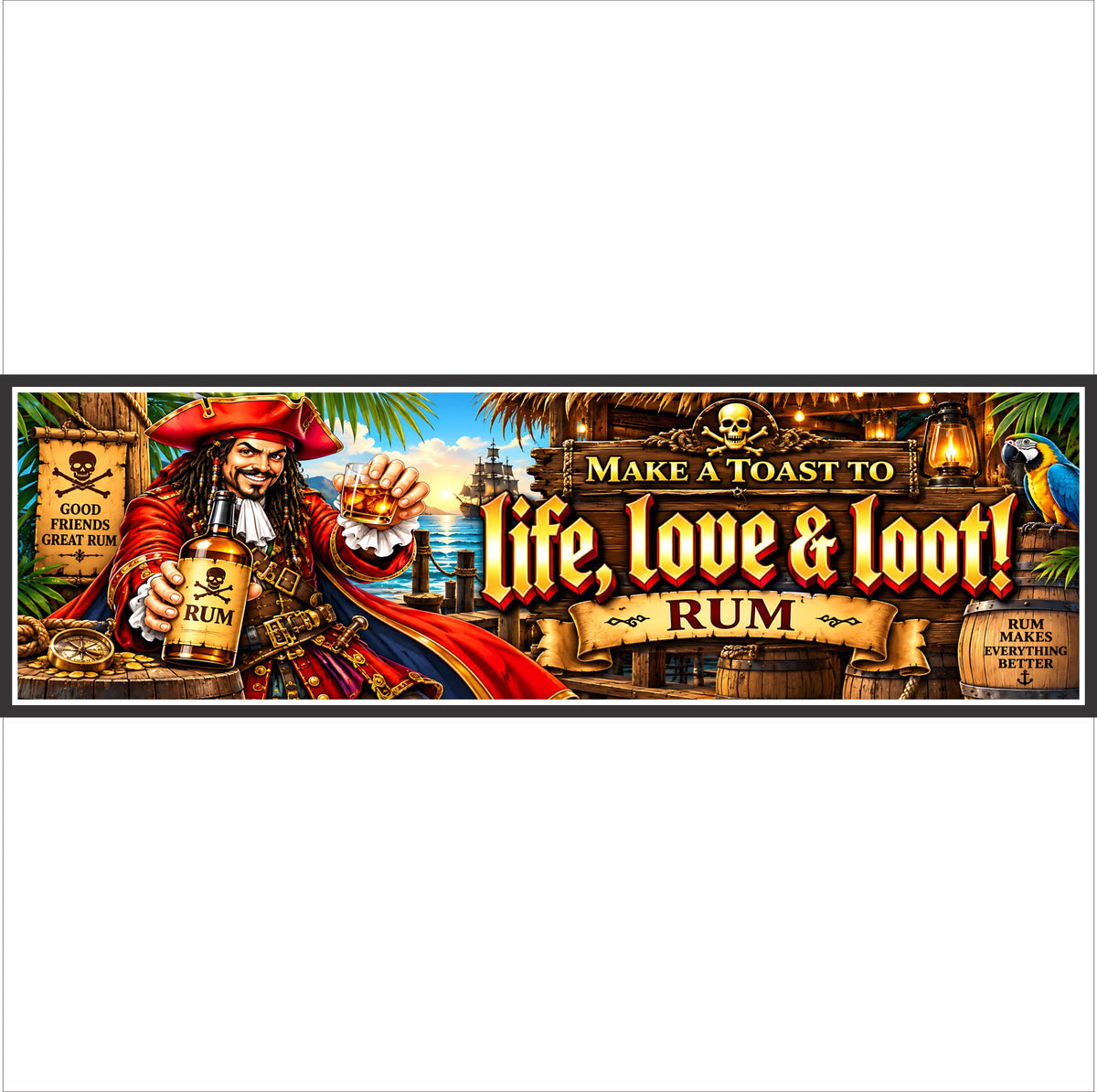 16x5 pirate rum sign featuring Life Love & Loot lettering, pirate holding rum, barrels, lanterns and nautical tavern artwork.