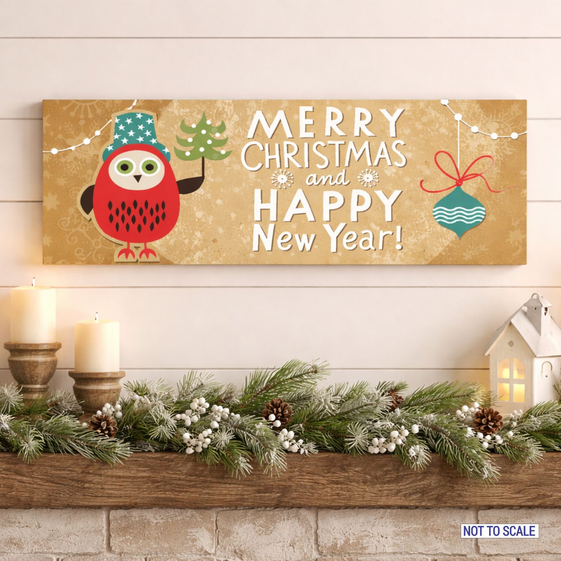 Holiday owl sign displayed on festive mantel with greenery and candles