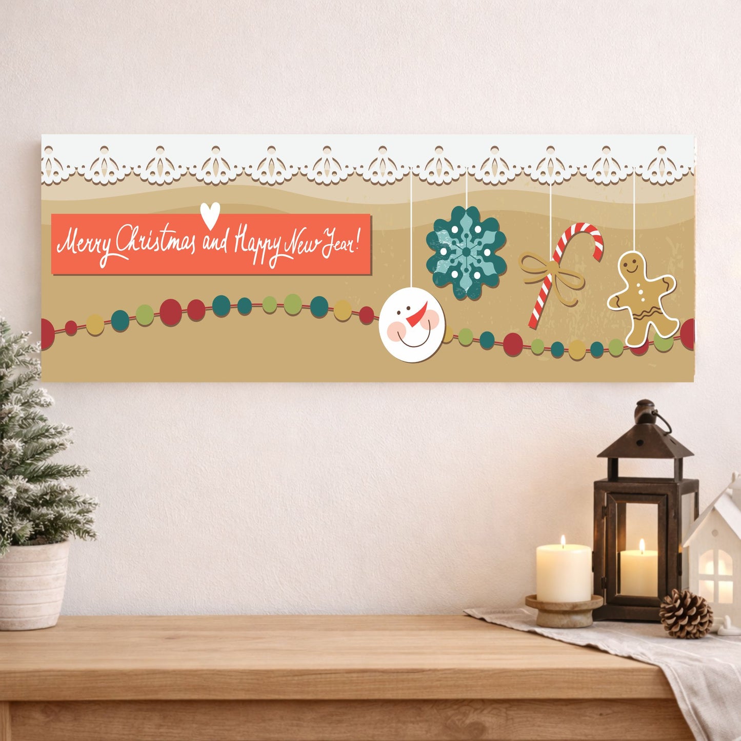 Holiday sign displayed above a decorated mantel with garland and candles