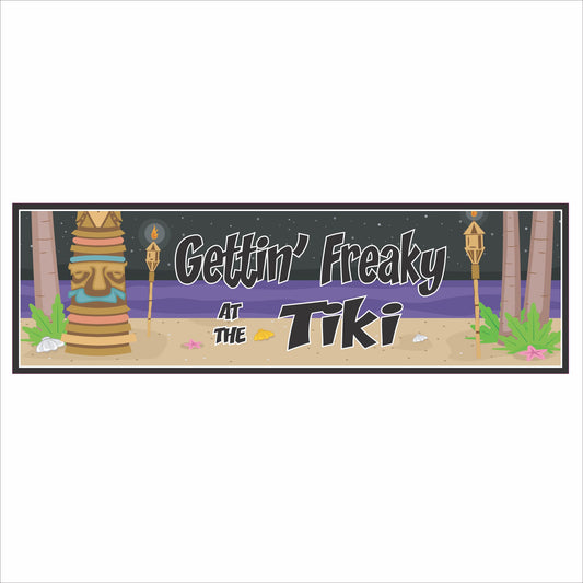 Rectangular tiki bar sign reading Gettin Freaky at the Tiki with beach scene and tiki torches