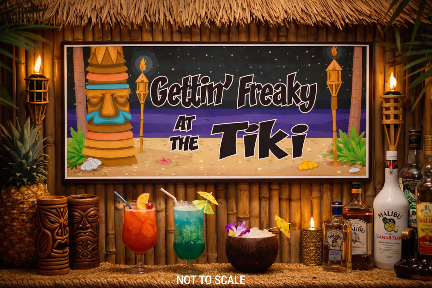 Gettin Freaky at the Tiki sign displayed in a tropical tiki bar setting with drinks and decor