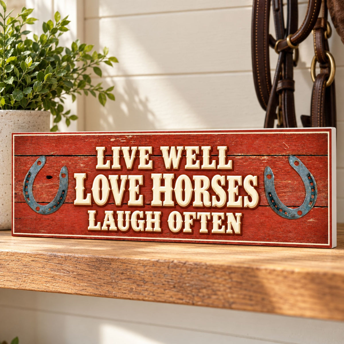 Horse-themed sign with cream lettering and horseshoe graphics displayed on a wooden shelf beside a leafy plant and hanging leather riding tack.