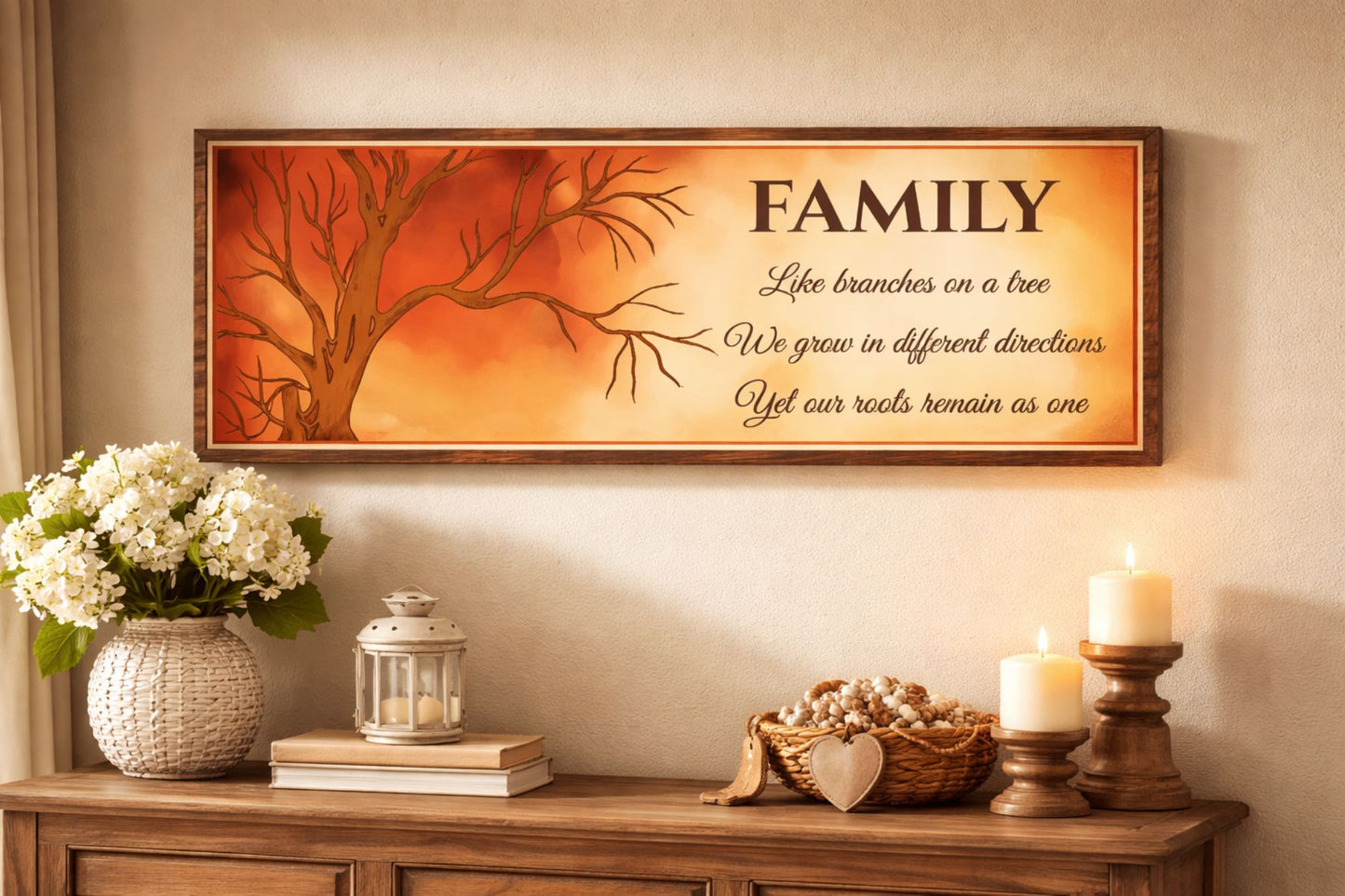 family tree inspirational quote sign displayed above a wooden console table with flowers candles and warm home decor